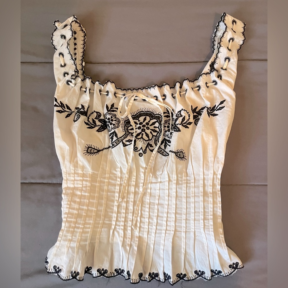 Free People Cream and Black Embroidered Tank Top